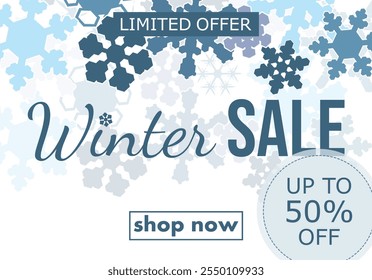 winter sale, template discount banner design on the background many different snowflakes. modern vector illustration flyer, poster to promote purchases in the winter season en white and blue tones