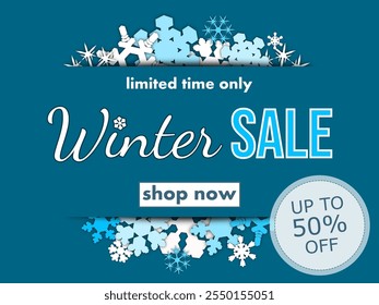 winter sale, template discount banner design on the background many different snowflakes. modern vector illustration flyer, poster to promote purchases in the winter season en white and blue tones