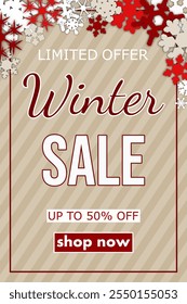 winter sale, template discount banner design on the background many different snowflakes. modern vector illustration flyer, poster to promote purchases in the winter season en beige and red tones.