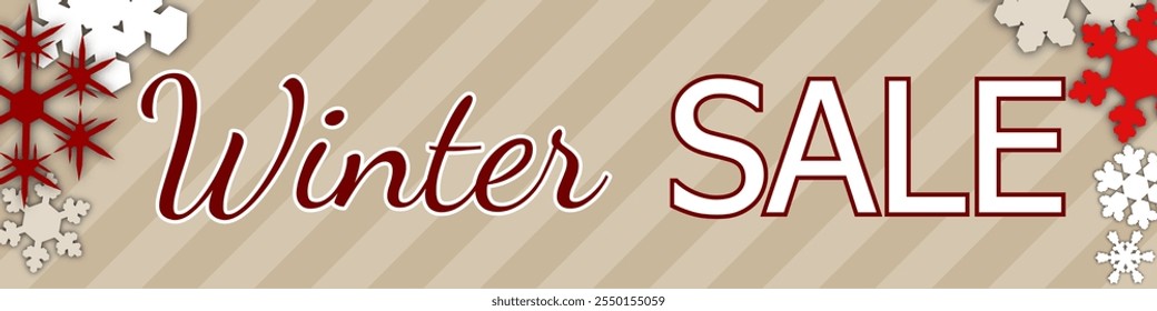 winter sale, template discount banner design on the background many different snowflakes. modern vector illustration to promote purchases in the winter season, header for the website en beige and red