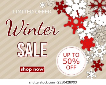 winter sale, template discount banner design on the background many different snowflakes. modern vector illustration flyer, poster to promote purchases in the winter season en beige and red tones.