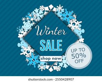 winter sale, template discount banner design on the background many different snowflakes. modern vector illustration flyer, poster to promote purchases in the winter season en white and blue tones