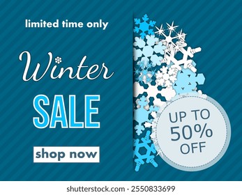 winter sale, template discount banner design on the background many different snowflakes. modern vector illustration flyer, poster to promote purchases in the winter season en white and blue tones