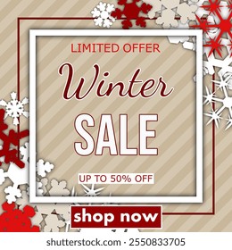 winter sale, template discount banner design on the background many different snowflakes. modern vector illustration flyer, poster to promote purchases in the winter season en beige and red tones.