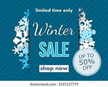 winter sale, template discount banner design on the background many different snowflakes. modern vector illustration flyer, poster to promote purchases in the winter season en white and blue tones