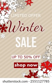 winter sale, template discount banner design on the background many different snowflakes. modern vector illustration flyer, poster to promote purchases in the winter season en beige and red tones.