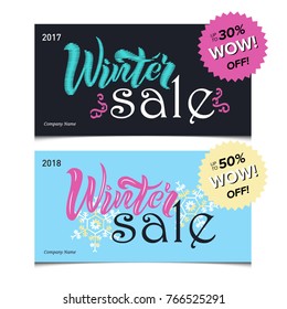 Winter sale template in embroidery style. Typography design in a trendy modern style. Vector illustration in winter style with snowflakes. Winter lettering. Template for a poster, flyer, banner.
