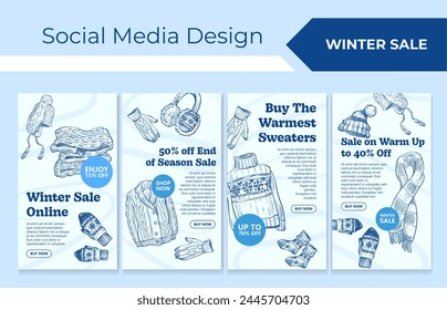 Winter sale, template social media banner design. Marketing story set, advertising for warm sweater discount, vector illustration. Online season sale, promotion story collection