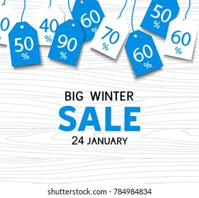 Winter sale template. Vector background with blue tags and SALE text