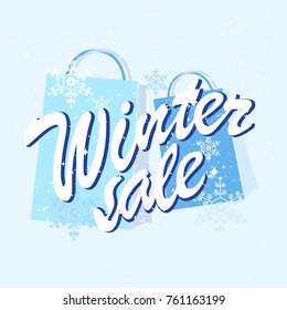 Winter sale template with winter sale words and shopping bags. Winter vector illustration for sale on texture background in retro style. Lettering with snowflakes. Design for posters, banners or flyer