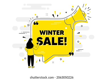 Winter Sale text. Alert megaphone chat banner with user. Special offer price sign. Advertising Discounts symbol. Winter sale chat message loudspeaker. Alert megaphone people background. Vector