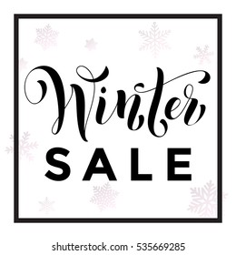 Winter Sale text calligraphy with black frame for Christmas or New Year holidays discount pormotion sale shopping with snowflakes pattern