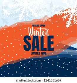 Winter Sale text, with dark blue 
 mountain background and orange frame. Banner, poster special offer snow flake concept