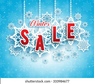 Winter Sale Text Hanging with Snowflakes in Blue Snow Pattern Background. Vector Illustration
