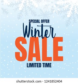 Winter Sale text, with light blue text. Banner, poster special offer