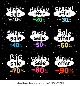 Winter sale text on white cartoon clouds with color discounts and snow falling. Seasonal discount label set