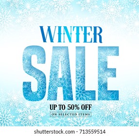 Winter sale text with snow pattern and white snowflakes in blue background. Winter sale vector illustration banner design for season shopping promotion.
