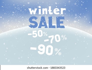 Winter sale text snowfall and snow hill on blue sky background. Holiday template with discount message. Celebration shopping offer