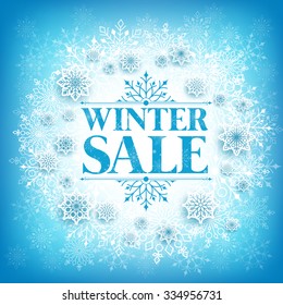 Winter Sale Text in White Space with Snow Flakes Hanging in Blue Pattern Background. Vector Illustration
