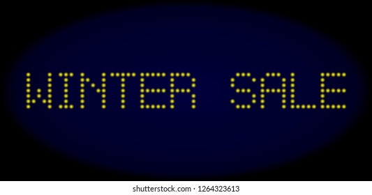 Winter Sale title in LED style with round glowing pixels. Vector bright yellow symbols forms Winter Sale title on a dark blue background. Digital font with round elements.