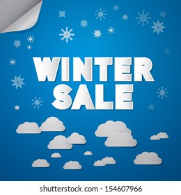 Winter Sale Title on Abstract Blue Sky Background With Clouds and Stars