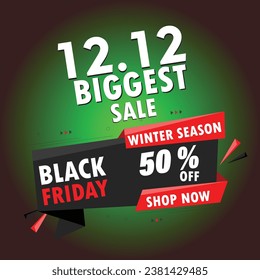 Winter Sale Vector of 12.12 Shopping day black and Green Poster or banner with 3d podium scene. 12 December sales banner template design for social media and website. Best for Ecommerce platforms.