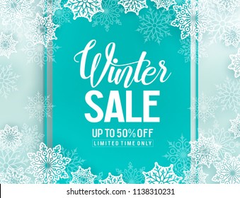 Winter sale vector background template with snowflakes elements and discount text in white snow background for seasonal shopping promotion. Vector illustration.
