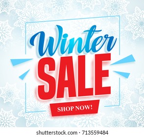 Winter sale vector banner with 3d red sale text and frame in white snow background for seasonal store promotion. Vector illustration.
