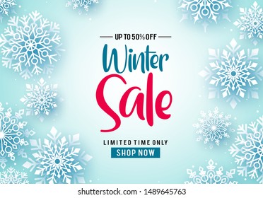 Winter sale vector banner background. Winter sale text and falling snowflakes in white background for seasonal promotion. Vector illustration.