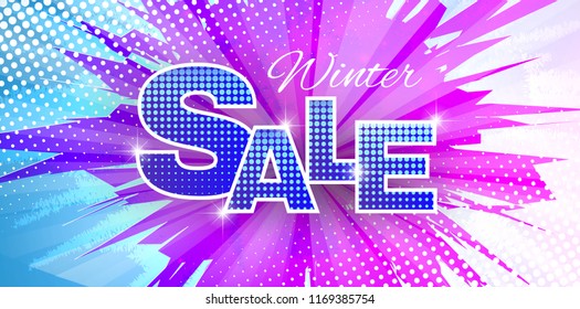 Winter sale vector banner with colors explosion sale text and snow flakes in blue background for retail seasonal promotion. Vector illustration.Used clipping mask.