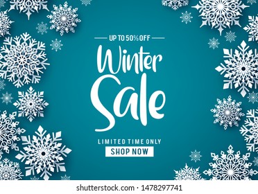 Winter sale vector banner design. Winter sale text promo with white snowflakes element in blue background. Vector Illustration.