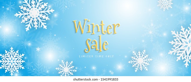 Winter sale vector banner design with white snowflakes elements and golden gradient winter sale text in snow pattern background for shopping promotion.