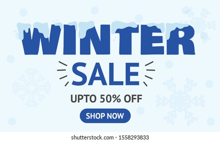Winter sale vector banner design with white snowflakes elements and winter sale text in snow pattern background for shopping promotion. Vector illustration.