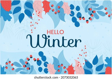 Winter sale vector banner design. Winter sale text promo with colorful leaves and white snowflakes on blue background. Vector Illustration.