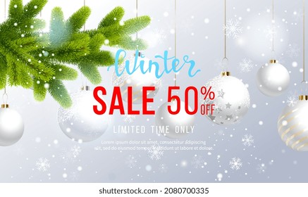 Winter sale vector banner design. Winter sale discount text with fir tree, christmas balls, snow and snowflakes. Winter Sale background for business and advertising. Vector illustration EPS10.