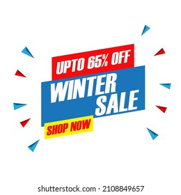 Winter sale vector banner design with sale up to 65% off in white background for winter season marketing promotion. Vector illustration.
