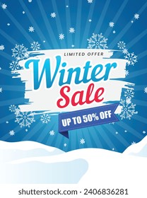 Diseño de banner vectorial de venta de invierno. Ventas de temporada de invierno Hasta un 50% de descuento , Venta de invierno texto de descuento con copos de nieve blancos y etiqueta azul en fondo azul. Ilustración vectorial.