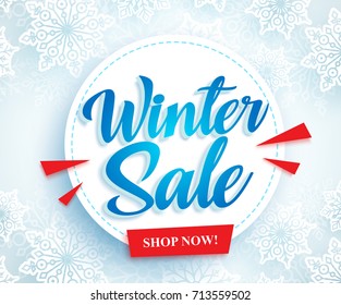 Winter sale vector banner design with white circle and blue sale typography text in snow background for season promotion. Vector illustration.
