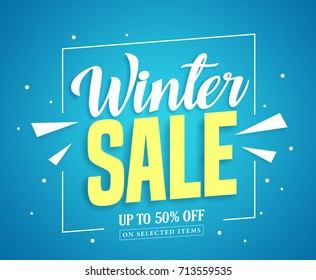 Winter Sale Vector Banner Design With Sale Up To 50% Off In Blue Background For Winter Season Marketing Promotion. Vector Illustration.
