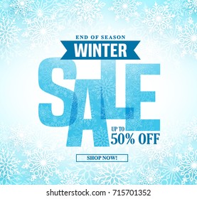 Winter sale vector banner design with blue sale text in white snow background for end of season shopping promotion. Vector illustration.
