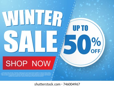 Winter sale vector banner design with snow in blue background