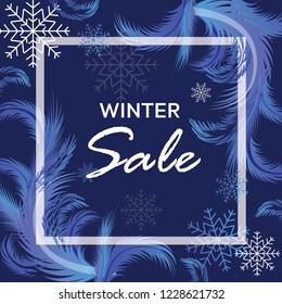 Winter sale vector banner with frosty pattern, sale text and snow flakes for retail seasonal promotion. Vector illustration.