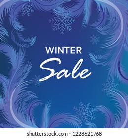 Winter sale vector banner with frosty pattern, sale text and snow flakes for retail seasonal promotion. Vector illustration.