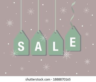 Winter sale vector banner. Green sale price tags hang on dirty pink background winter snow flakes background for seasonal retail promotion. Vector illustration.