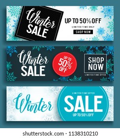 Winter Sale Vector Banner Set With Sale Text And Snow Background Template In Different Colors For Winter Season Discount Promotion. Vector Illustration.
