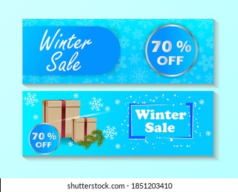 Winter sale vector banner set with sale text and snow background template in different colors for winter season discount promotion. Vector illustration.