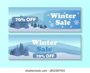 Banner vectorial de venta de invierno con texto de venta y plantilla de fondo de nieve en diferentes colores para la promoción de descuento de temporada de invierno. Ilustración vectorial.