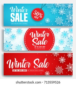Winter sale vector banner set with discount text and snow elements in blue and red snowflakes background for marketing promotion. Vector illustration.
