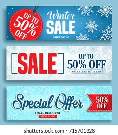 Winter sale vector banner set with sale discount texts and labels in snow colorful background for seasonal marketing promotion. Vector illustration.
