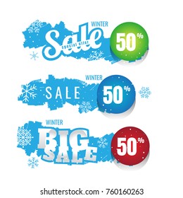 Winter sale vector banner set with sale for seasonal marketing promotion discount texts and labels in blue background. Vector illustration. on white background